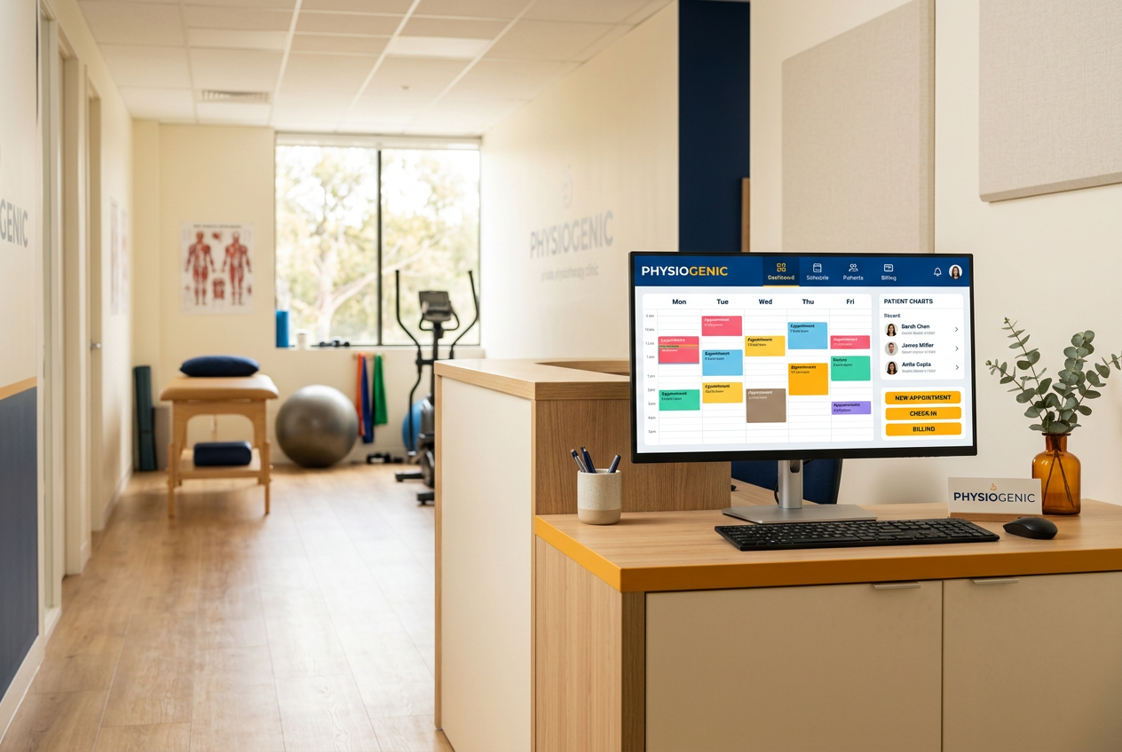 Private clinic front desk with Physiogenic running on the computer